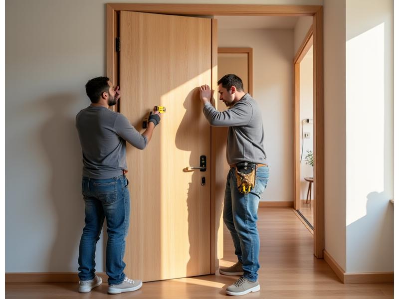 Installation team meticulously fitting a new wooden door into an apartment entryway, showcasing precision tools and care.